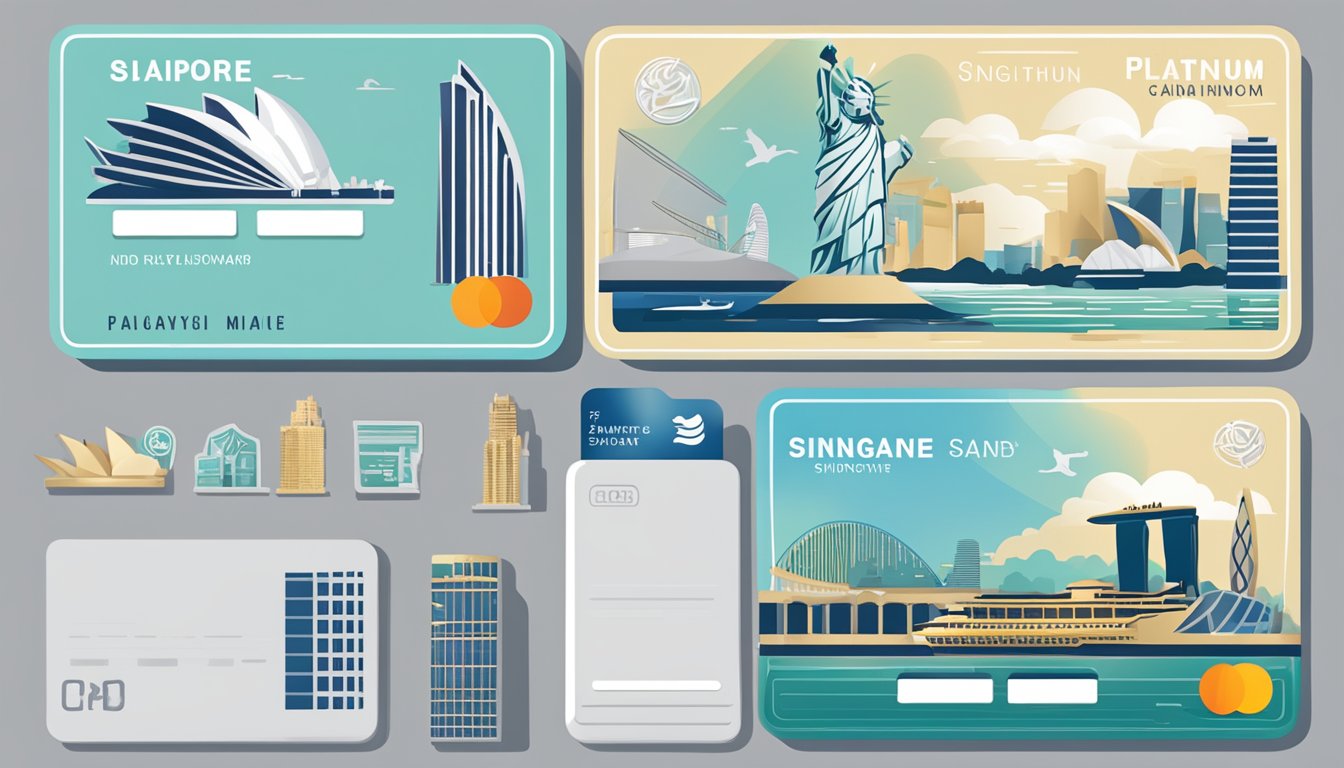 A sleek platinum credit card surrounded by iconic Singapore landmarks and symbols, such as the Merlion, Marina Bay Sands, and the Singapore skyline