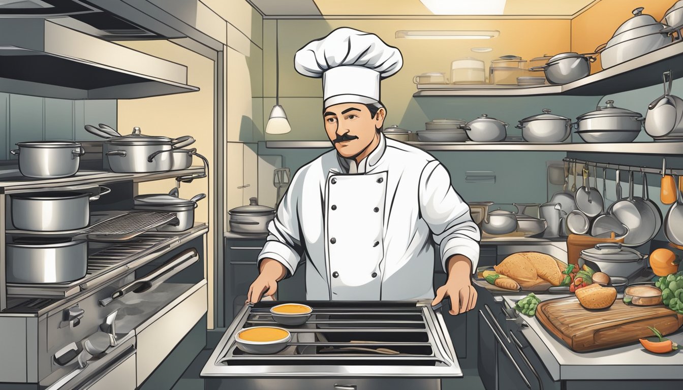 A chef comparing various oven brands, surrounded by different types of cooking equipment and ingredients
