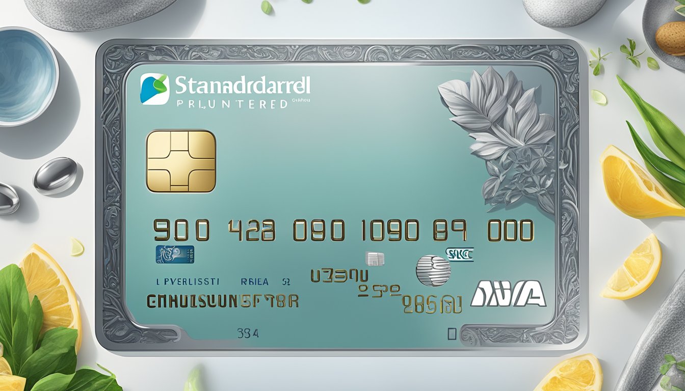 A luxurious platinum credit card surrounded by lifestyle benefits such as travel, dining, and wellness perks, with the Standard Chartered and Prudential logos prominently displayed