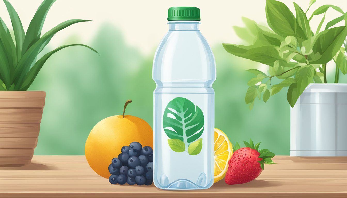 A clear plastic water bottle labeled "BPA free" sits on a wooden table, surrounded by fresh fruits and a green plant