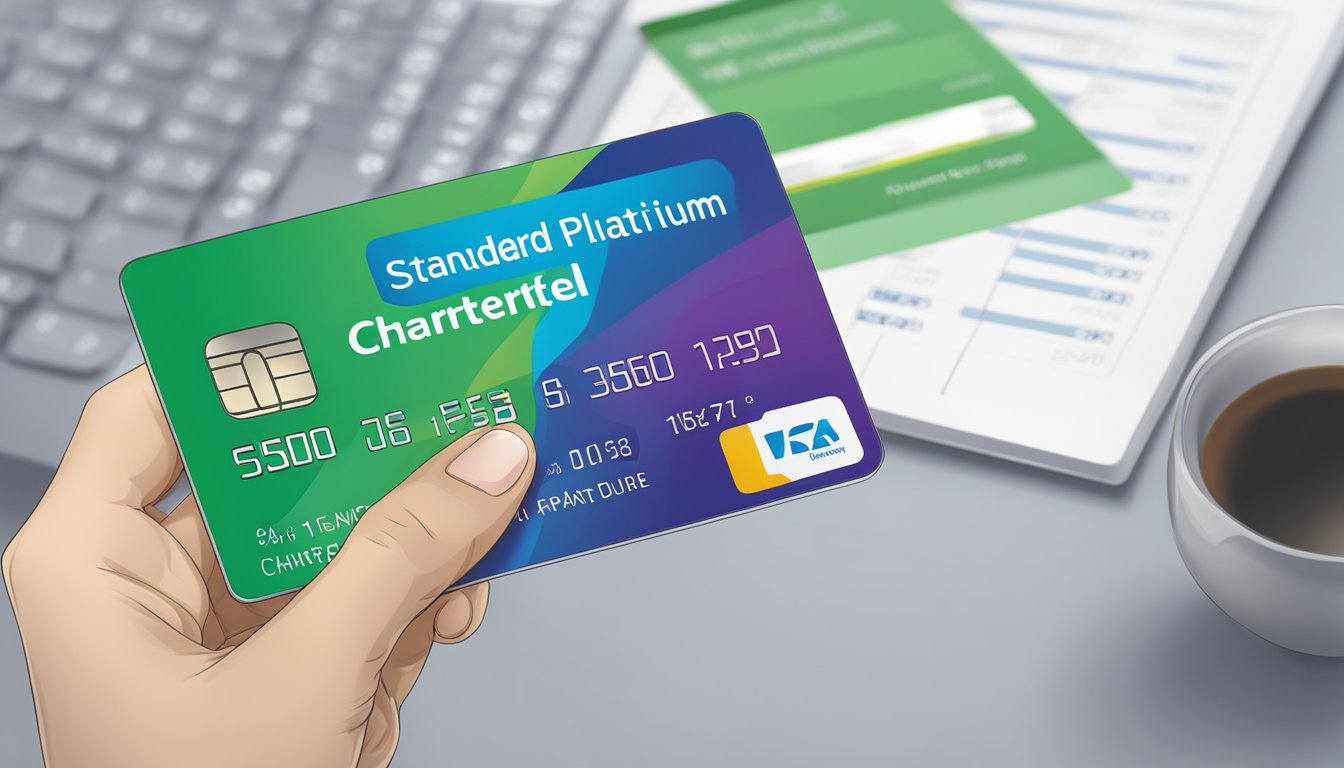 A hand holding a Standard Chartered Prudential Platinum Card with a fee schedule and management options displayed in the background