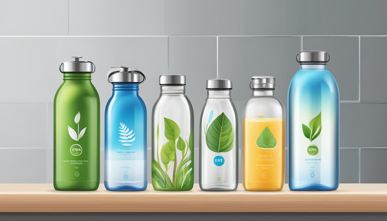 A variety of bpa free water bottles, made from stainless steel, glass, and plant-based materials, are displayed on a shelf