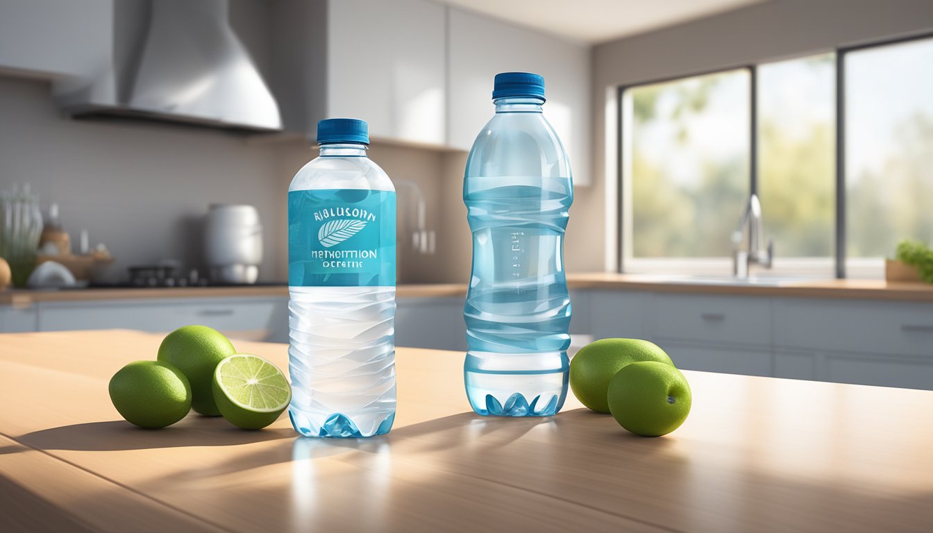 A clear, plastic water bottle with a BPA-free label sits on a sleek, modern kitchen countertop next to a glass of refreshing water. A beam of sunlight highlights the importance of health and hydration benefits