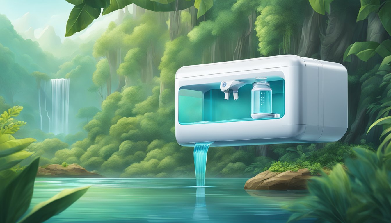 A futuristic water dispenser with BPA-free branding, surrounded by lush greenery and clean, flowing water