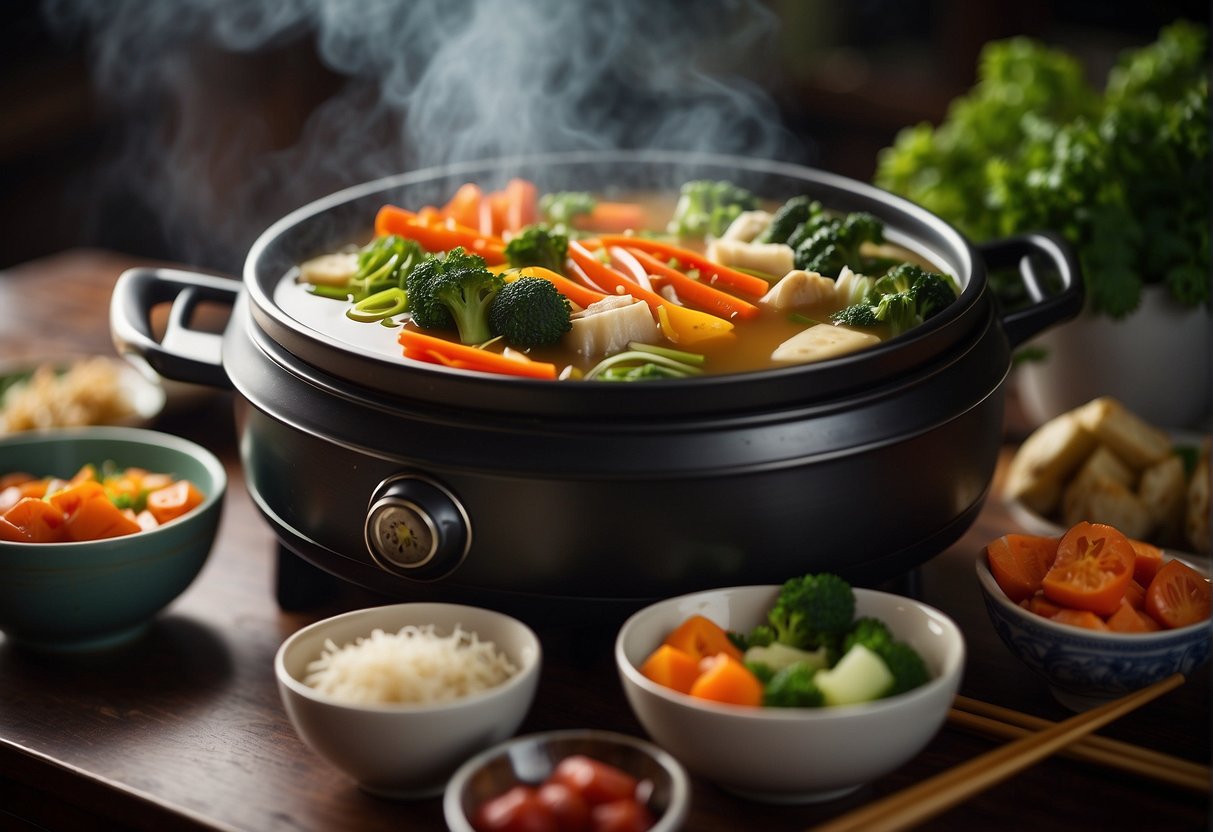 A steaming hot pot filled with colorful Chinese vegetables and savory broth, surrounded by chopsticks and a vibrant table setting