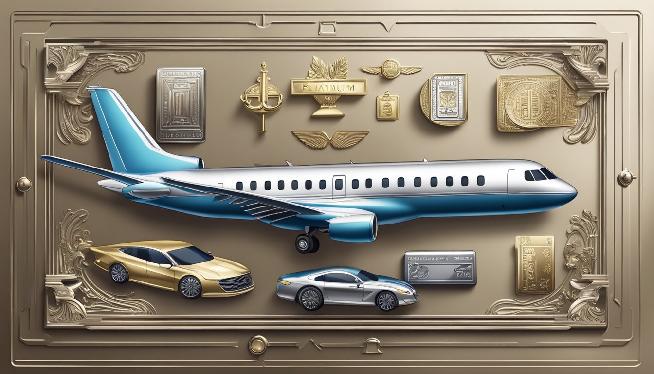 A platinum credit card surrounded by luxury symbols like a private jet, fine dining, and high-end shopping