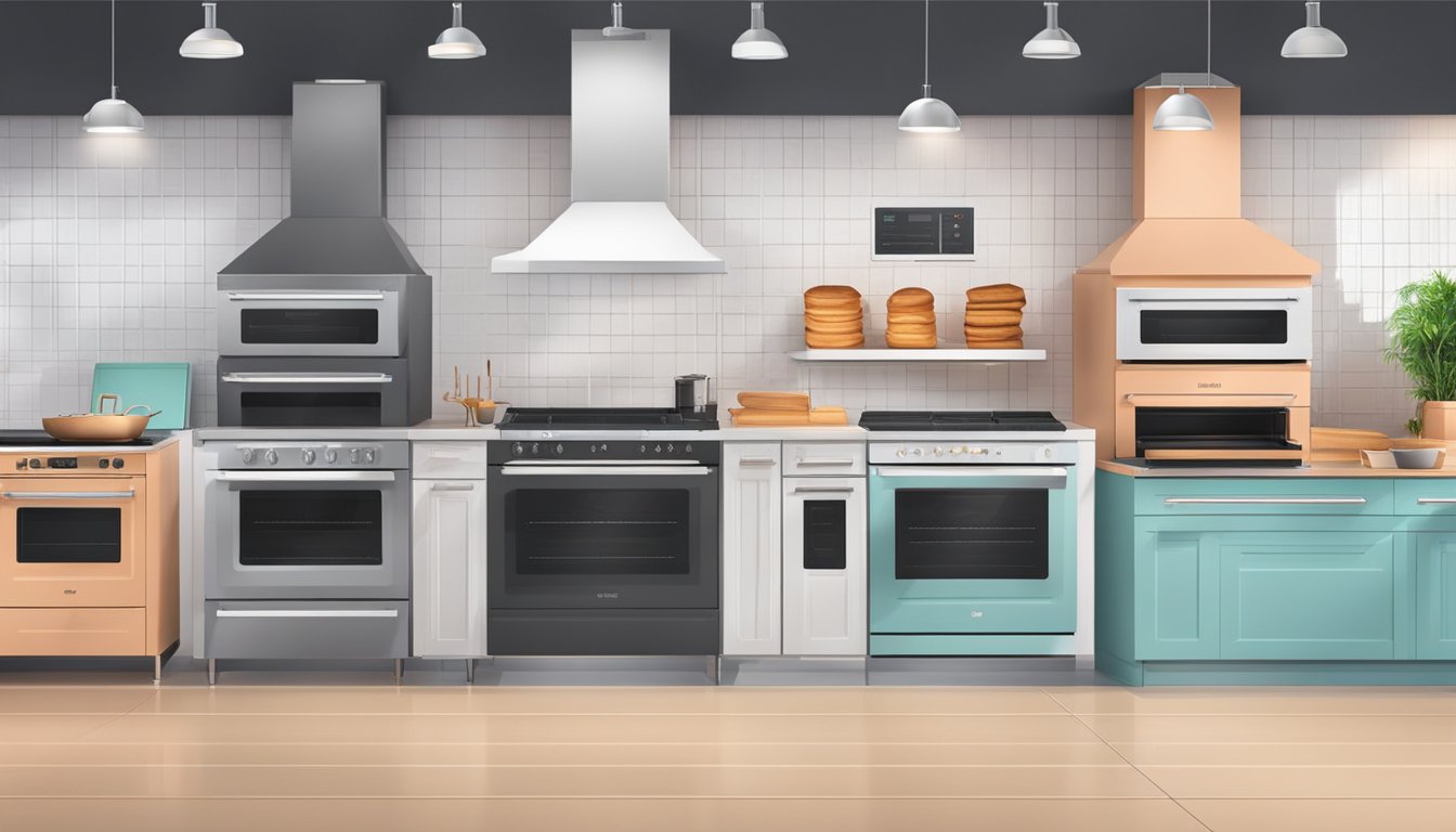 Various oven brands displayed with FAQ signs. Customers browsing and comparing features. Bright, modern showroom setting