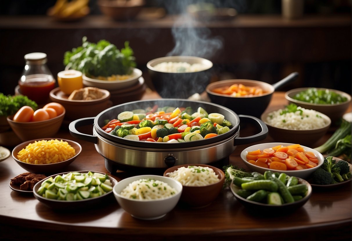A table set with a portable gas stove, divided hot pot, fresh vegetables, and a variety of sauces and condiments