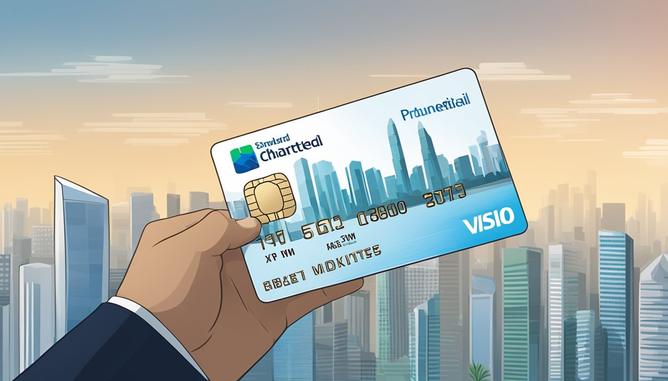 A hand holding a Standard Chartered Prudential Platinum Card, with a background of a sleek and modern Singapore city skyline