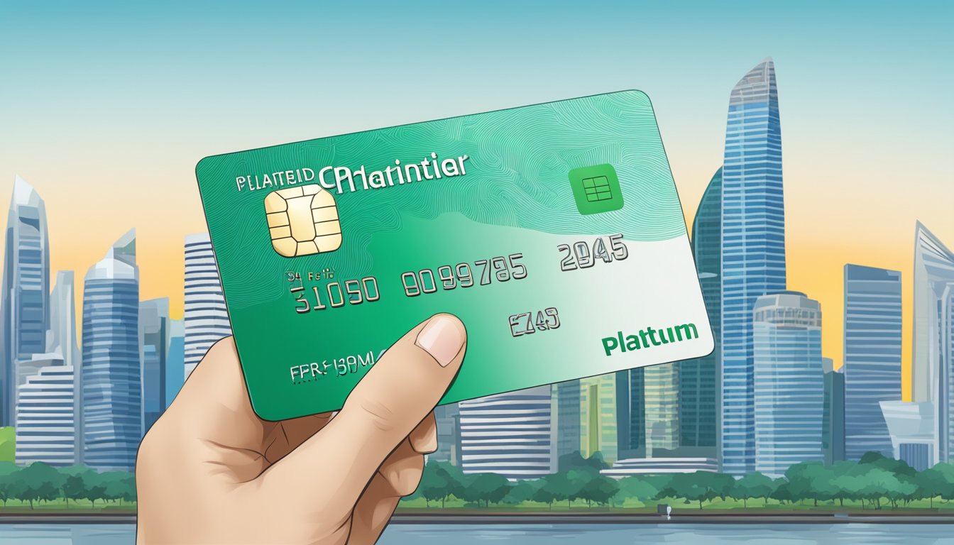 A hand holding a Standard Chartered Prudential Platinum Card with the Singapore skyline in the background