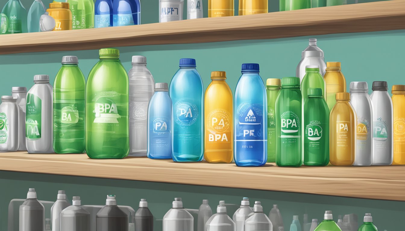 A variety of water bottles labeled "BPA Free" sit on a shelf, with a sign reading "Frequently Asked Questions" above them