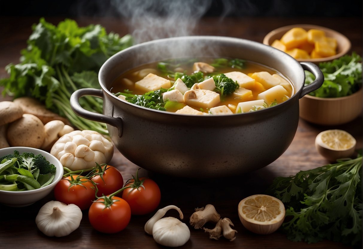 A large pot simmering with aromatic Chinese vegetable broth, surrounded by fresh ingredients like mushrooms, tofu, and leafy greens