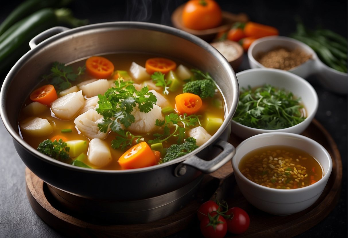 Fresh vegetables and aromatic spices simmer in a bubbling pot of savory broth, creating the perfect base for a Chinese hot pot dipping sauce