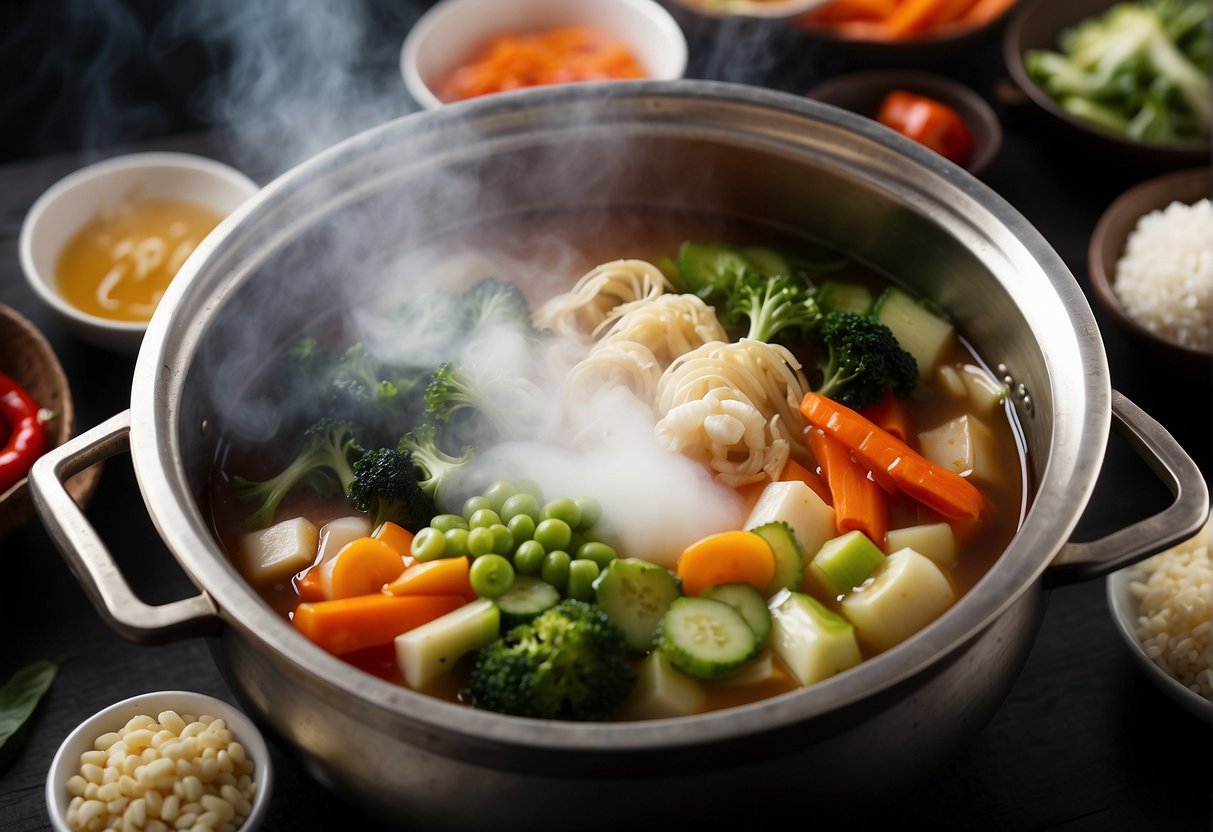 A steaming hot pot filled with colorful Chinese vegetables, bubbling in a fragrant broth, surrounded by various condiments and utensils