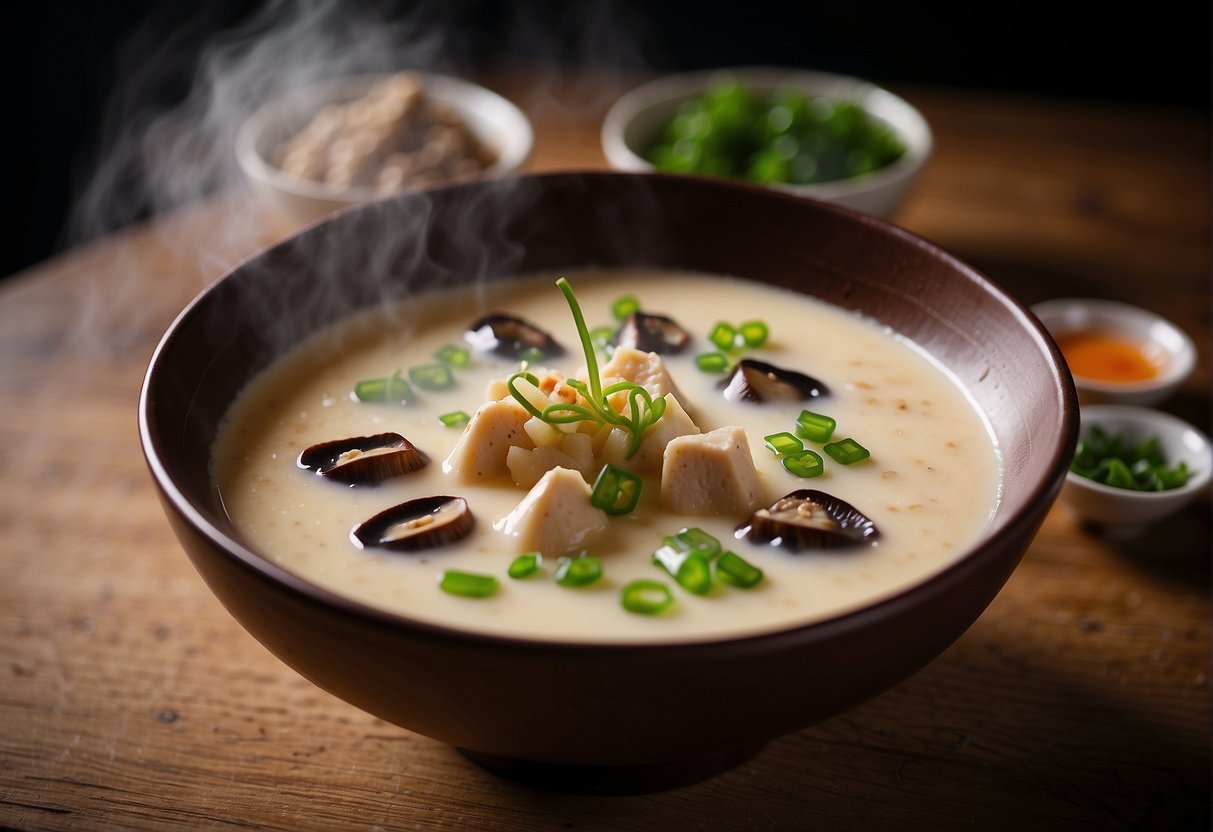 A steaming bowl of chawanmushi sits on a wooden table, garnished with slices of shiitake mushrooms and a sprinkle of green onions