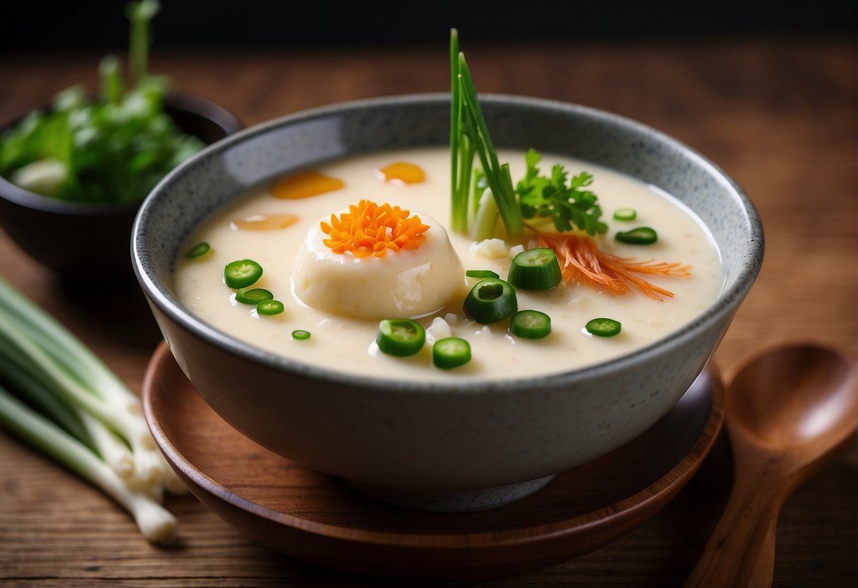 A steaming bowl of chawanmushi sits on a wooden table, garnished with a sprinkle of green onions and a slice of fish cake