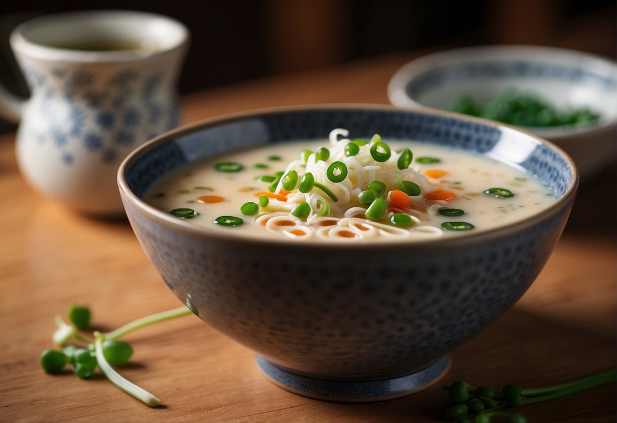 A steaming bowl of chawanmushi sits on a wooden table, garnished with a sprinkle of green onions and a dash of soy sauce
