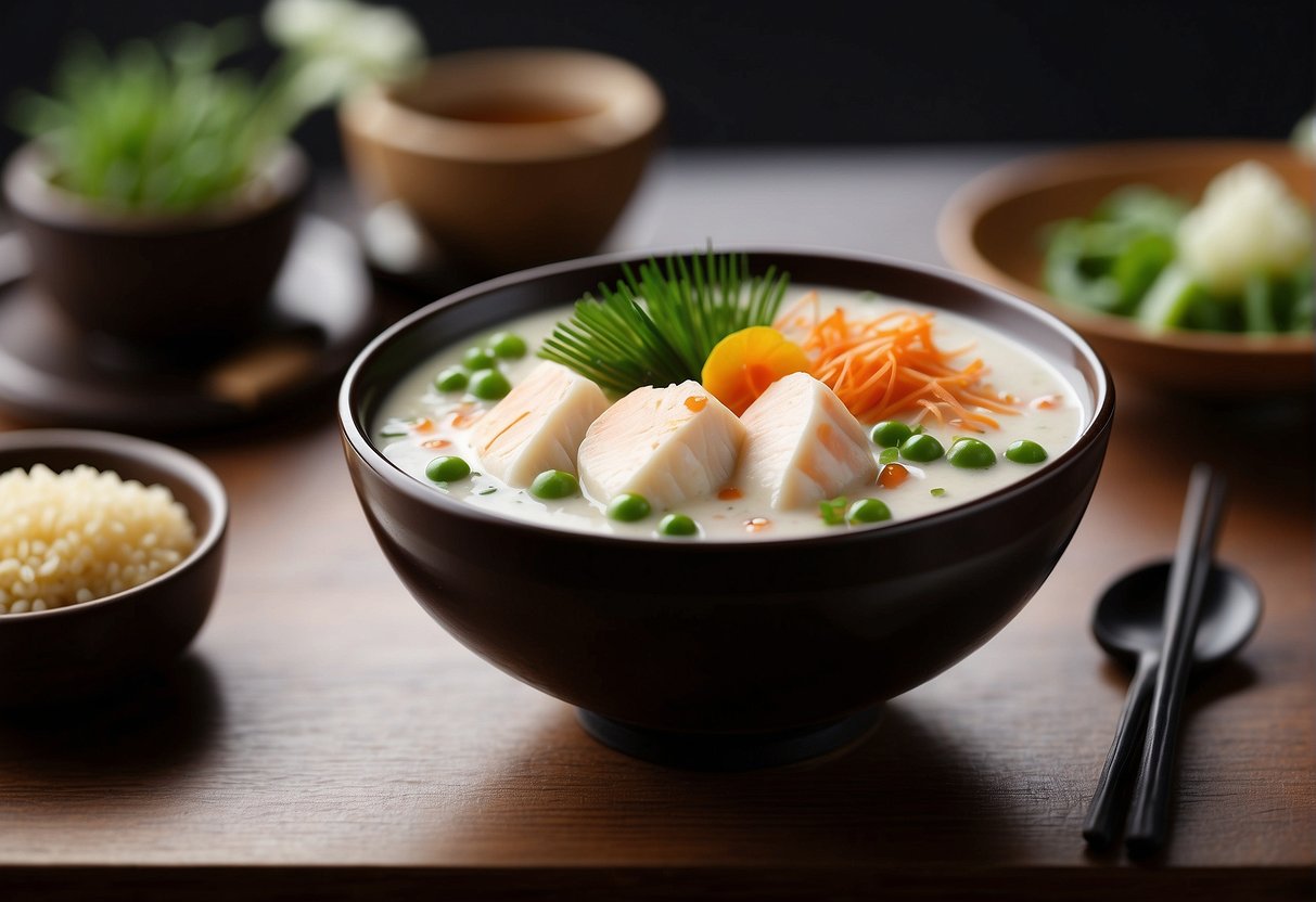 A steaming bowl of chawanmushi sits on a delicate saucer, garnished with a sprinkle of green onions and a slice of fish cake, surrounded by elegant chopsticks and a small dish of soy sauce
