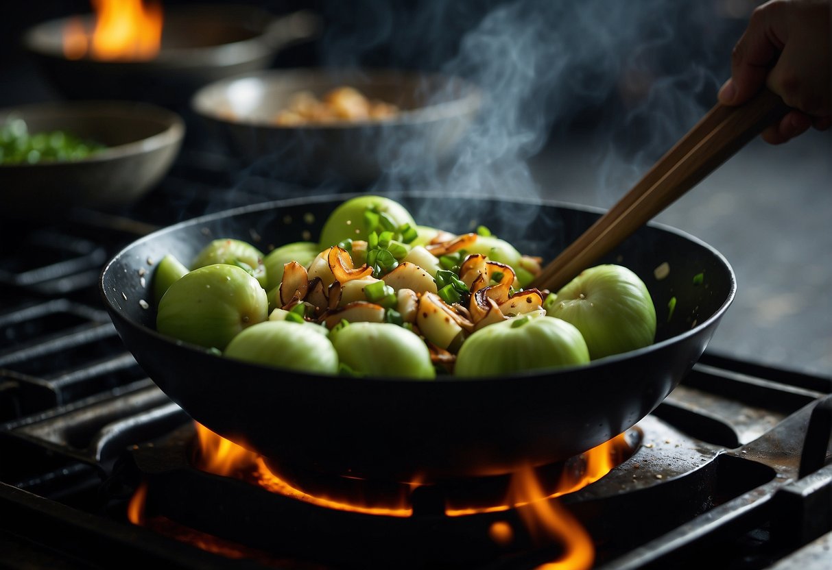 Chayote being stir-fried with garlic, ginger, and soy sauce in a wok over a high flame