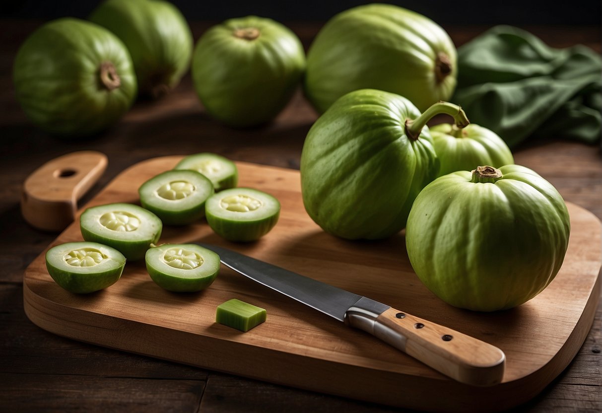 A chayote sits on a cutting board with a knife and various ingredients in the background, ready to be used in a Chinese recipe