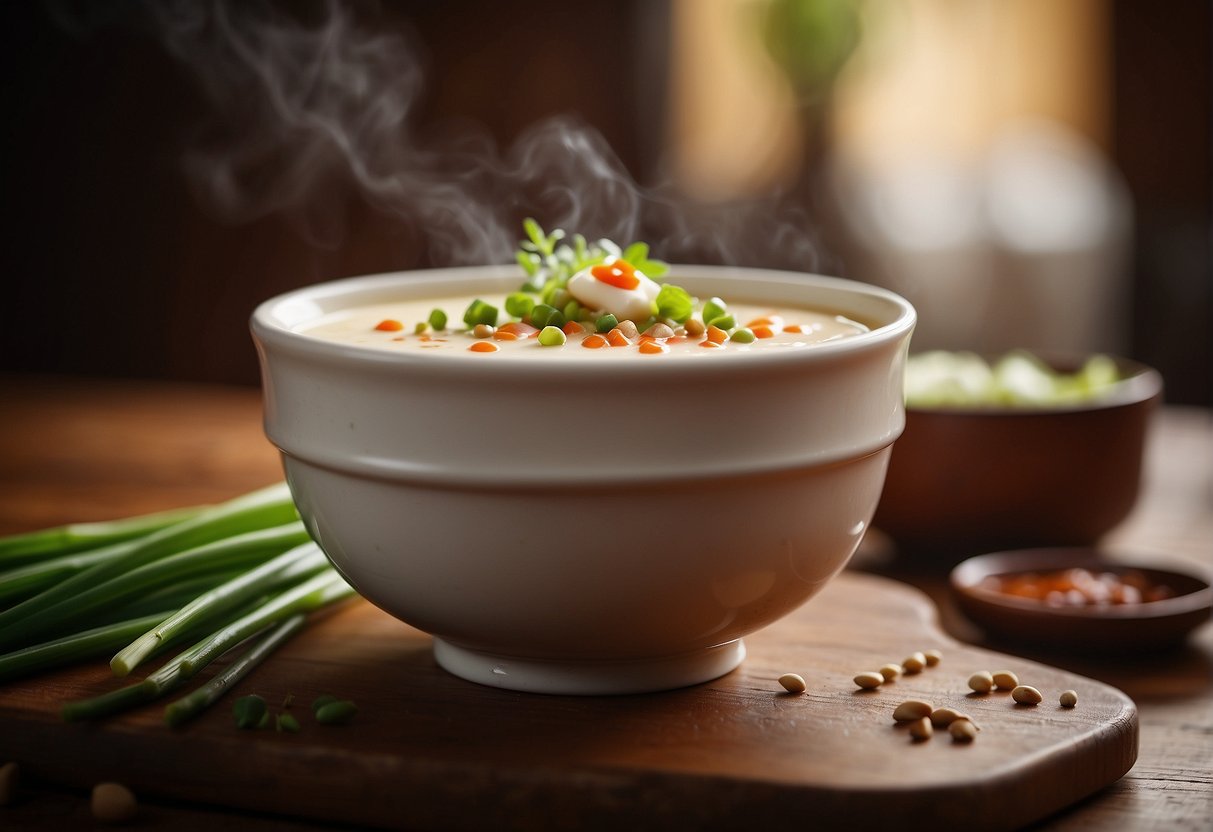 A steaming bowl of chawanmushi sits on a wooden table, garnished with a sprinkle of green onions and a drizzle of soy sauce