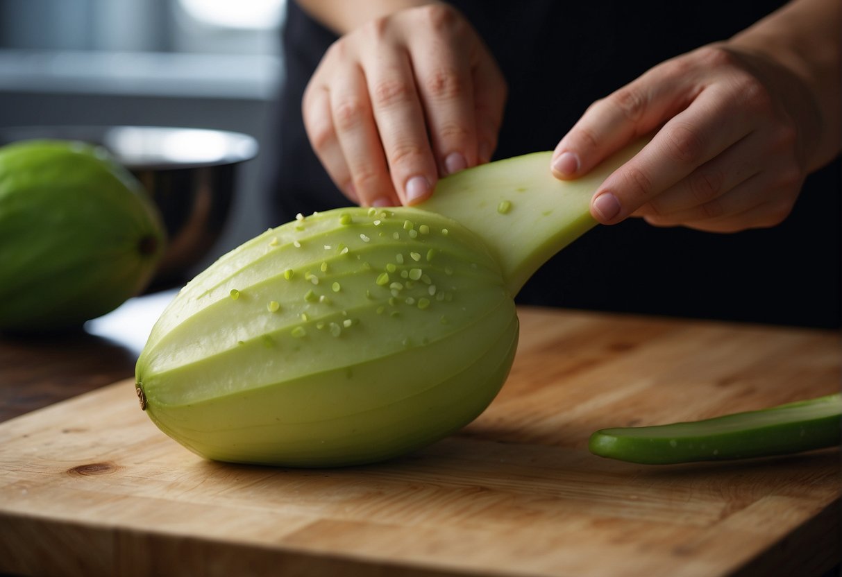 Chayote is being washed and peeled, then sliced for a Chinese recipe