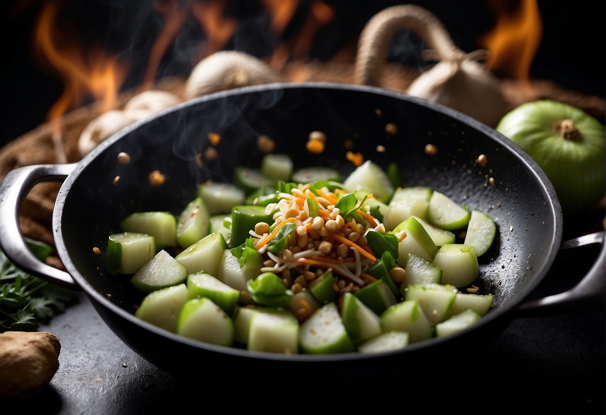 A wok sizzles with diced chayote, garlic, and ginger. A chef adds soy sauce and tosses with chopsticks. Steam rises