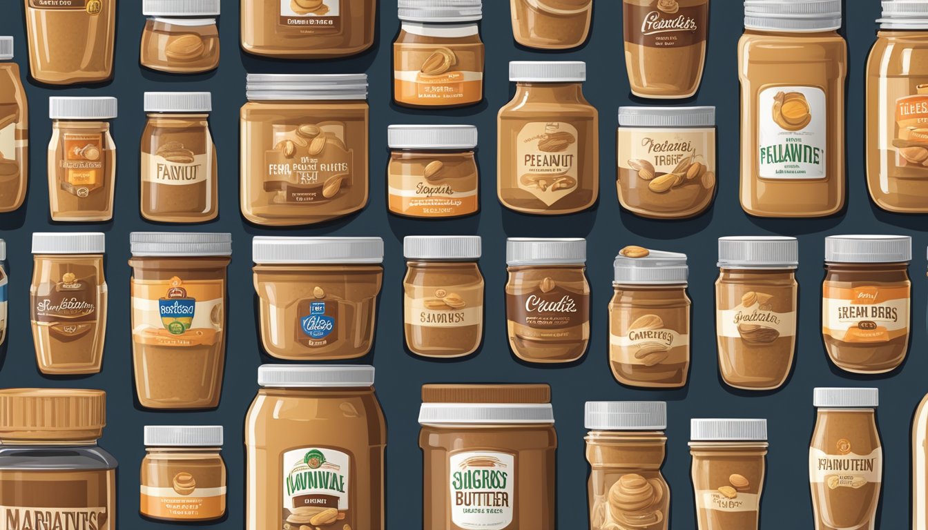 A variety of peanut butter jars line the shelves, displaying different brands and labels, with creamy and crunchy options to choose from