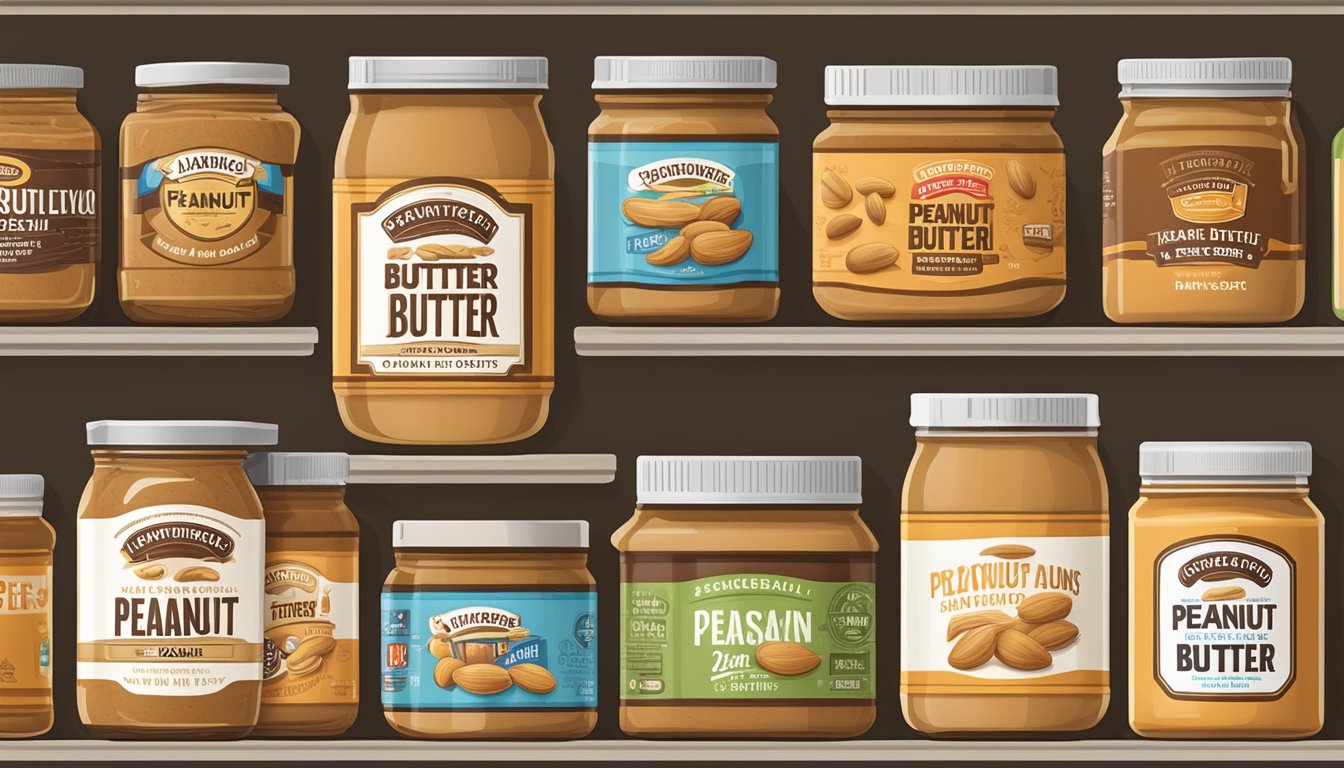 Various jars of peanut butter lined up on a shelf, each with different labels and logos representing different peanut butter brands