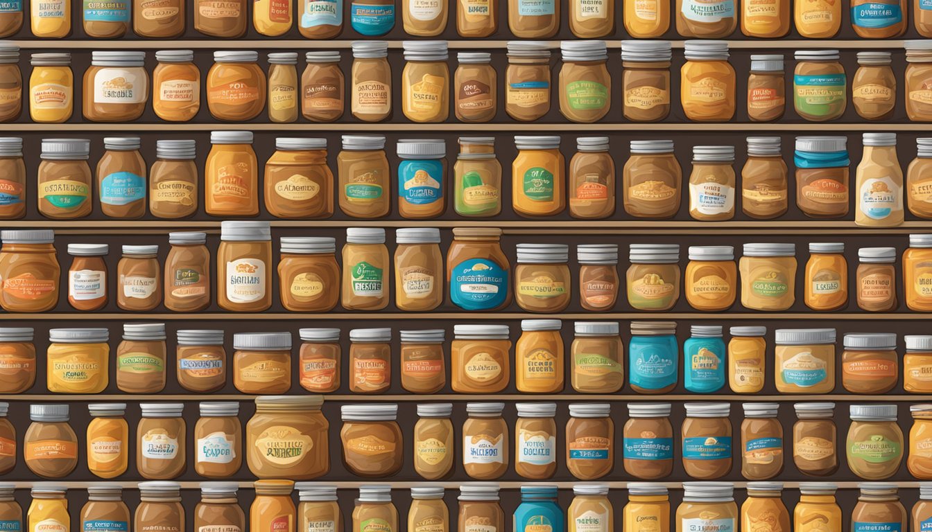 A colorful array of peanut butter jars lined up on a shelf, each with distinct branding and labeling