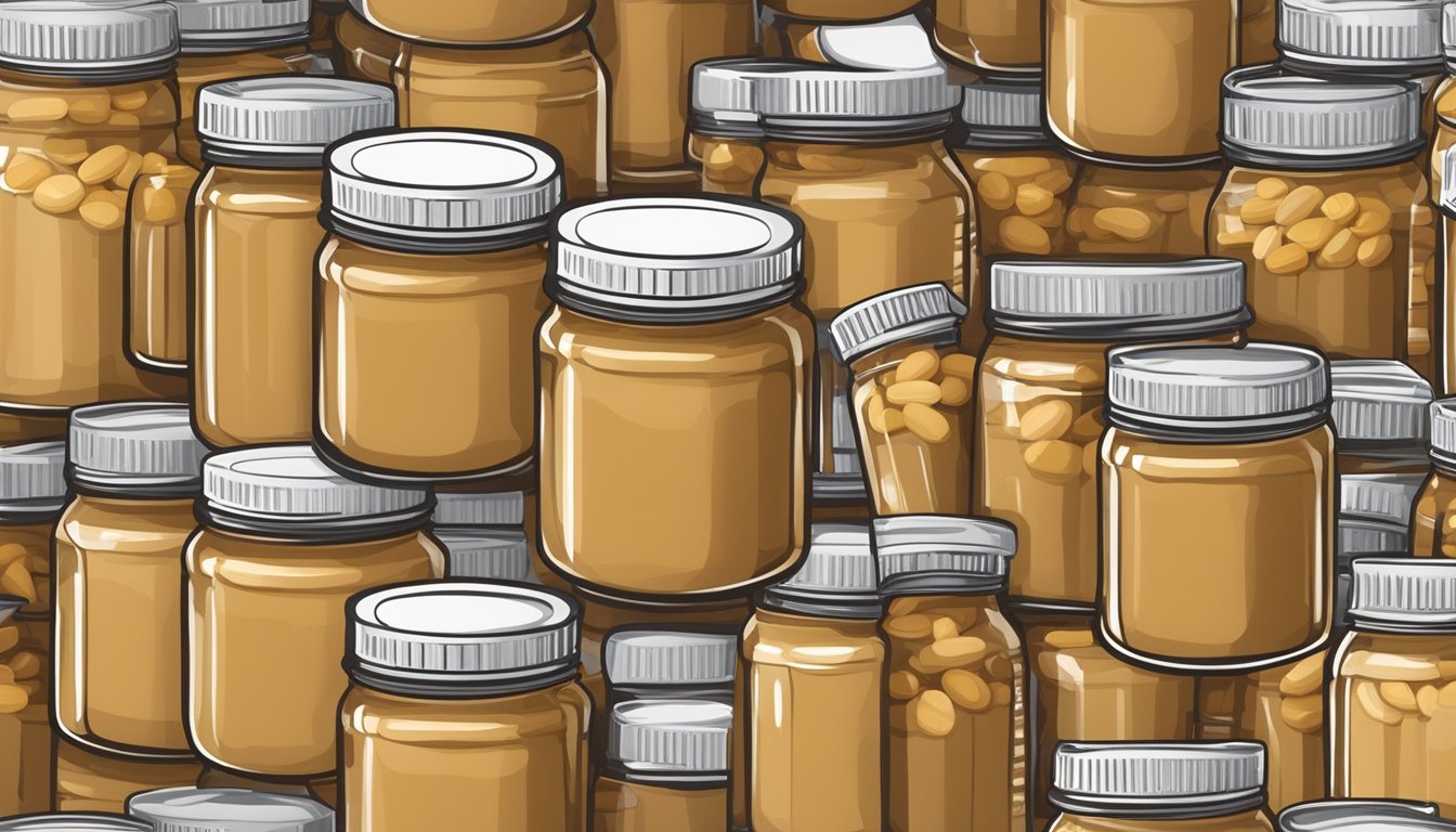 A variety of peanut butter jars arranged with fresh peanuts and nutritional labels in the background