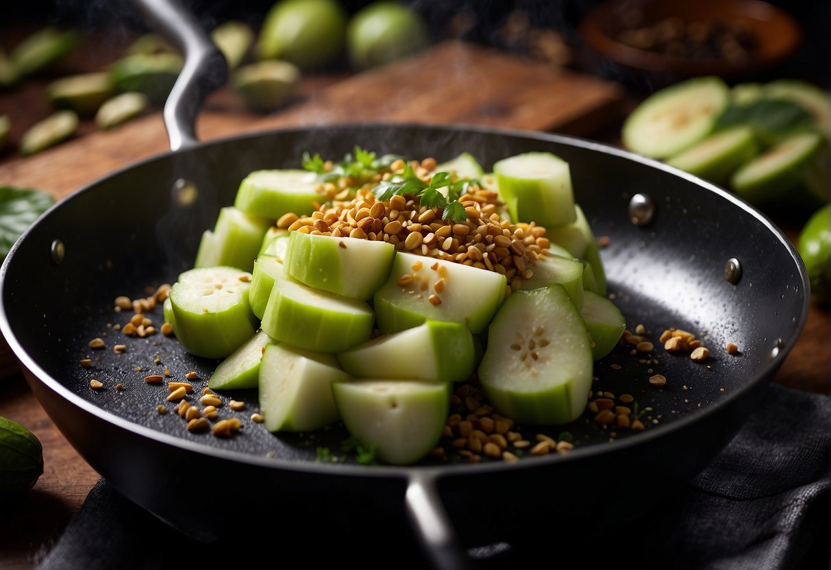 A chef slices chayote with precision, then stir-fries it with Chinese spices in a sizzling wok