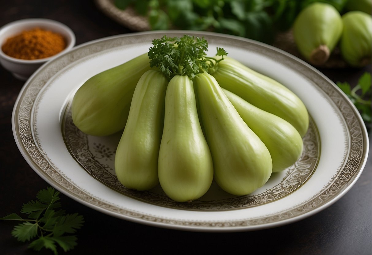 A chayote dish is elegantly arranged on a Chinese-style serving platter, garnished with vibrant green herbs and colorful spices