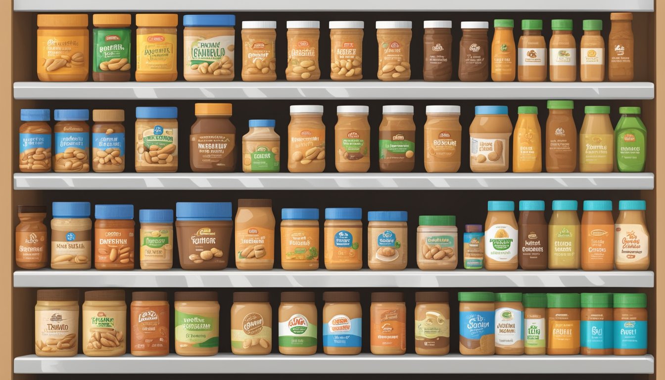 Various peanut butter brands displayed on a supermarket shelf, with labels highlighting key consumer considerations like organic, natural, and non-GMO ingredients