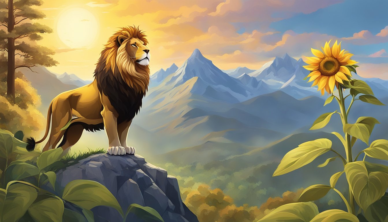 A regal lion standing proudly on a mountain peak, symbolizing the archetype of the ruler. A wise owl perched on a tree branch, representing the sage archetype. A vibrant sunflower reaching towards the sun, embodying the innocent archetype
