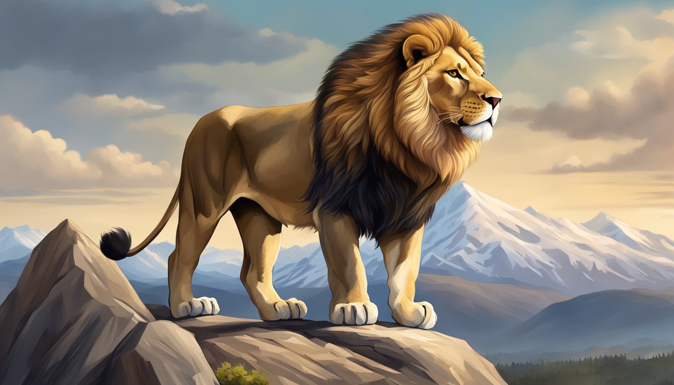 A majestic lion stands proudly on a mountain peak, representing the brand archetype of the "Ruler" with strength and authority