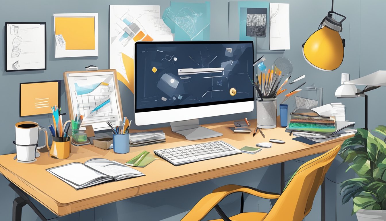 A designer's desk cluttered with branding materials and sketches, computer screen displaying logo concepts. Bright, modern office space with creative energy