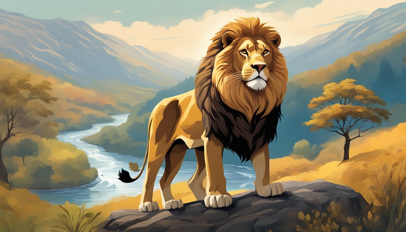 A majestic lion stands proudly on a hill, representing the archetype of the hero. A wise owl perches nearby, embodying the sage archetype. A flowing river symbolizes the explorer archetype, while a sturdy oak tree represents the caregiver archetype