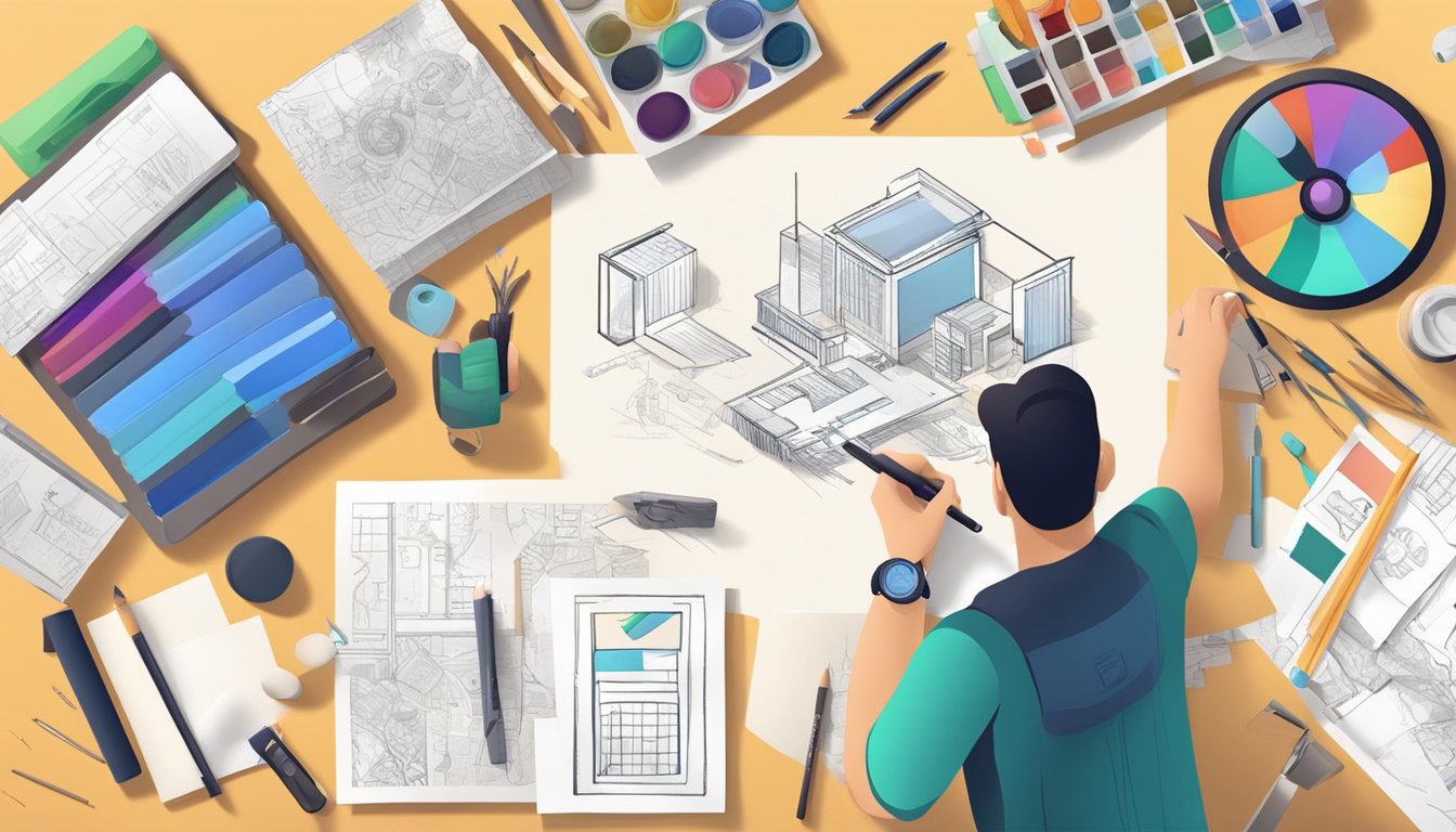 A brand designer carefully selects colors and fonts for a logo, surrounded by sketches and design tools