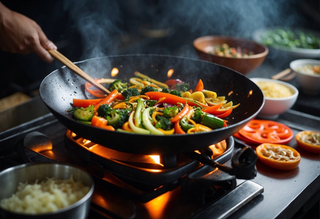 A wok sizzles with stir-fried Chinese vegetables in a fragrant Bangla kitchen. A mix of colorful veggies and aromatic spices fill the air
