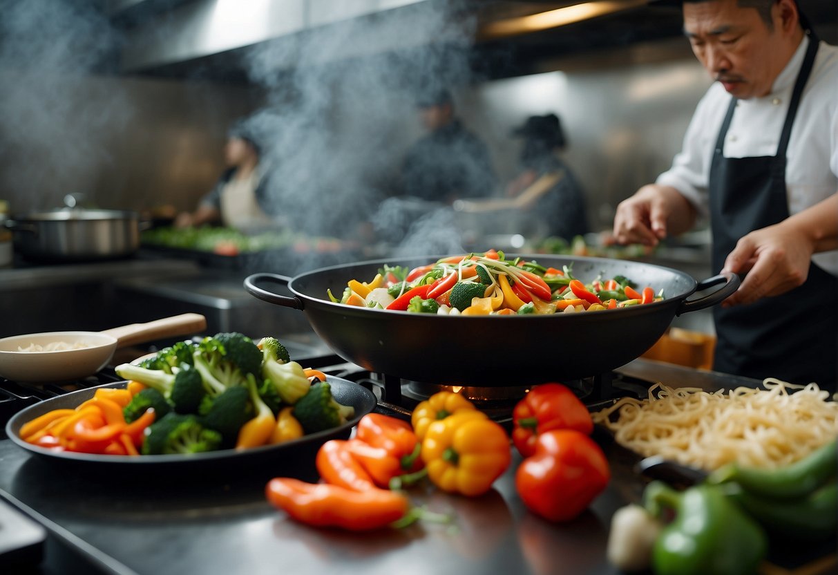 A table filled with colorful vegetables, a wok sizzling with oil, and a chef tossing stir-fry in a bustling Chinese kitchen