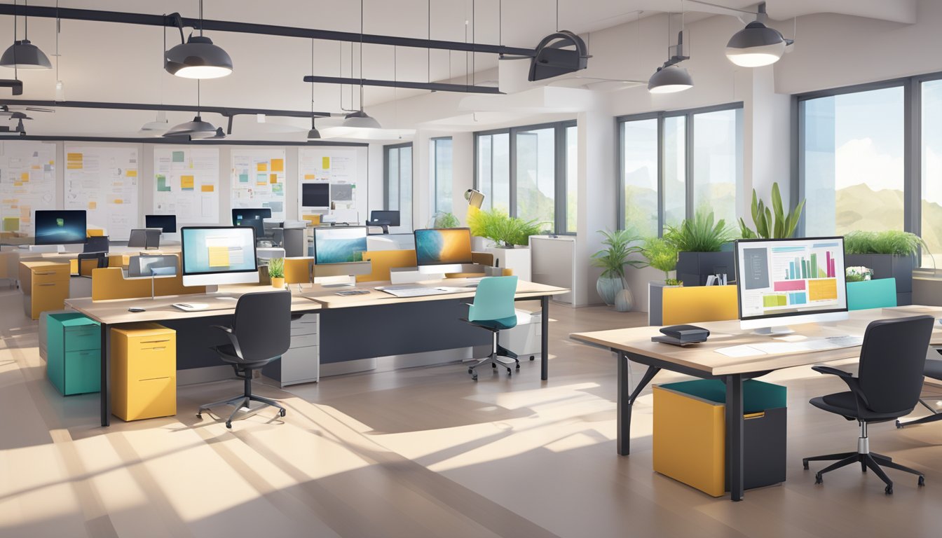 A modern office setting with computer workstations, creative mood boards, and branding materials on display. Bright, open space with collaborative atmosphere