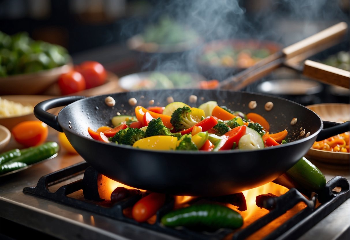 A wok sizzles as colorful vegetables are stir-fried with aromatic spices, creating a tantalizing aroma that fills the kitchen