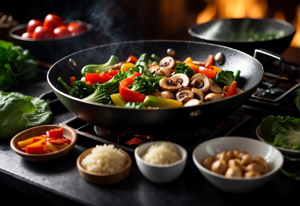 A wok sizzles with fresh bok choy, mushrooms, and bell peppers. Ginger, garlic, and soy sauce sit nearby