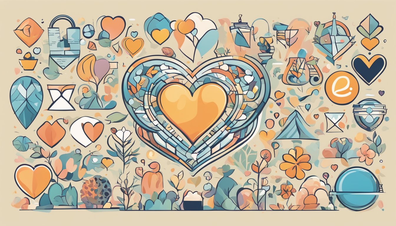 A heart-shaped logo surrounded by diverse symbols of love, trust, and community, evoking a sense of emotional connection