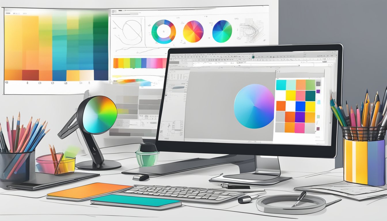 A desk with a computer, color swatches, and design software. A brand logo displayed on the screen. A sketchbook and drawing tools nearby