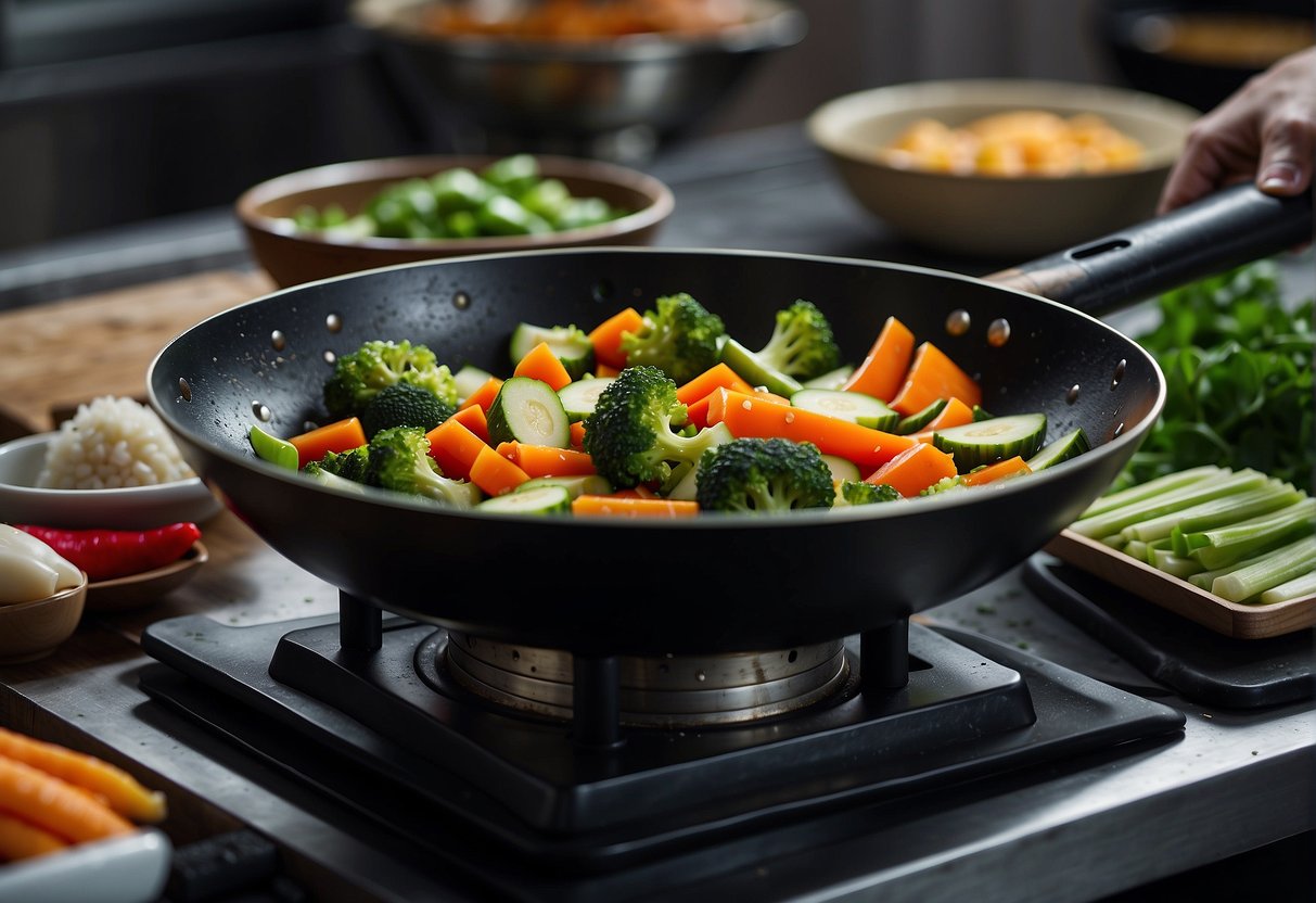 Fresh vegetables being chopped, stir-fried, and seasoned in a wok with traditional Chinese cooking utensils