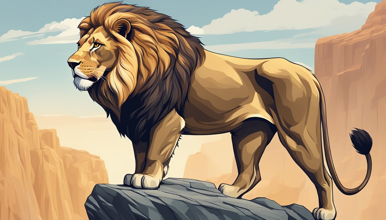 A majestic lion standing proudly on a rocky cliff, gazing out over a vast and untamed wilderness, representing the "Hero" archetype in marketing