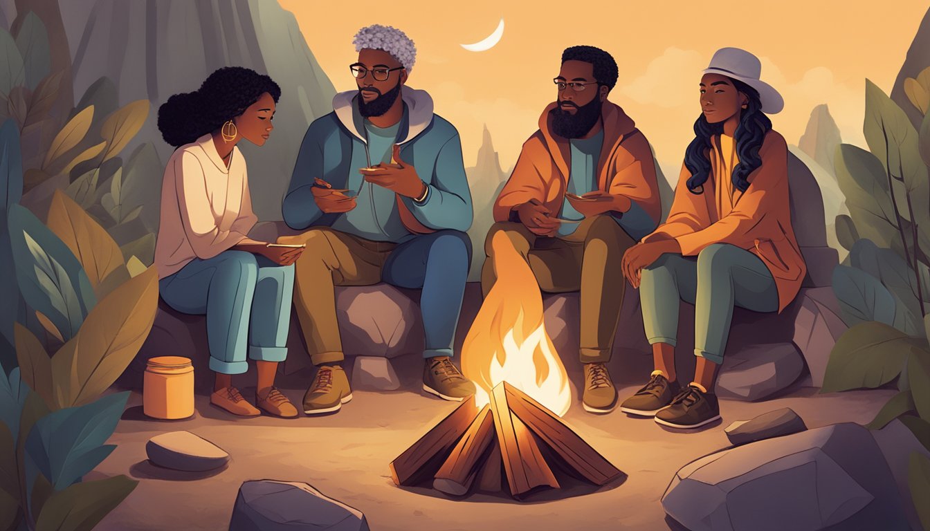 A diverse group of brand archetypes, such as the Hero, Sage, and Lover, gathered around a symbolic campfire, exchanging knowledge and wisdom