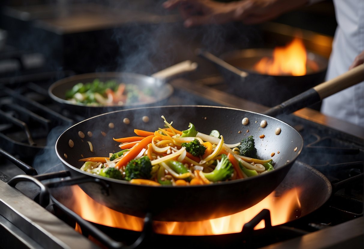 A wok sizzles over a flame as Chinese vegetables are stir-fried with garlic and ginger. Soy sauce and sesame oil are added, creating a savory aroma